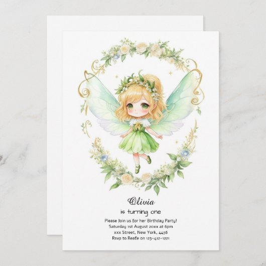 Fairy First Birthday Invitation (Devant / Derrière)