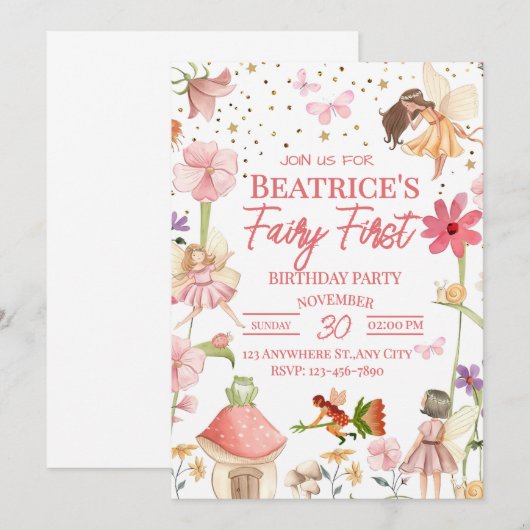 Fairy First Birthday Invitation (Devant / Derrière)