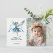 Fairy First Birthday Invitation | Dusty Blue Kaart (Staand voorkant)