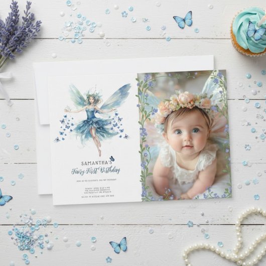 Fairy First Birthday Invitation | Dusty Blue Kaart