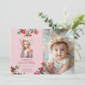 Fairy First Birthday Invitation | Dusty Pink Kaart (Staand voorkant)