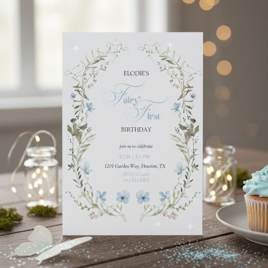 Fairy First Birthday Invitation | Elegant Blue 