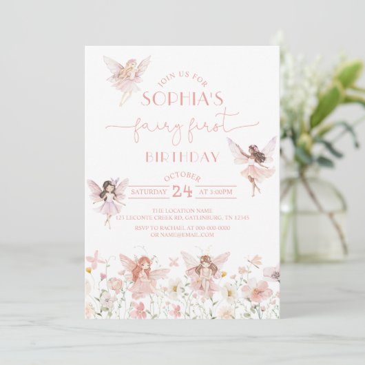 Fairy First Birthday Invitation Girl Kaart (Staand voorkant)