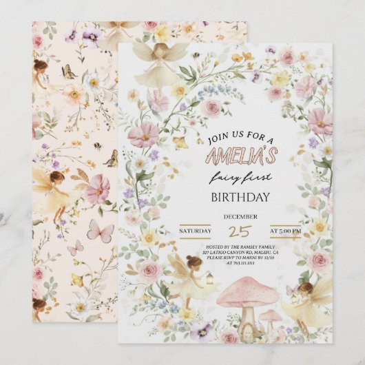 Fairy First Birthday Invitation Wildflower 1st (Devant / Derrière)