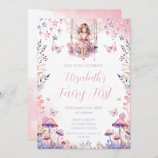 Fairy First birthday Party Invitation (Devant / Derrière)