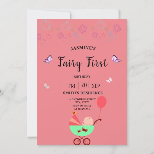 Fairy First Birthday pink party Invitation (Devant)