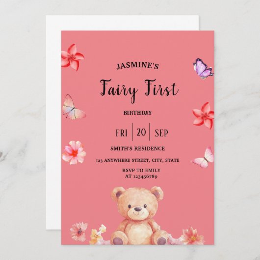 Fairy First Birthday rose party Invitation (Devant / Derrière)