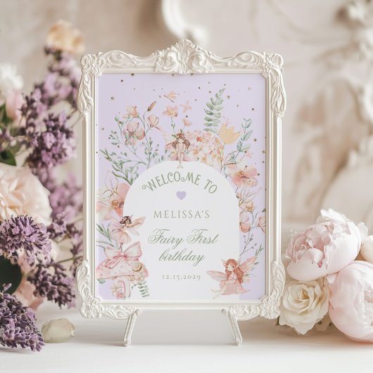 Fairy First Birthday Whimsical Purple Welcome Poster