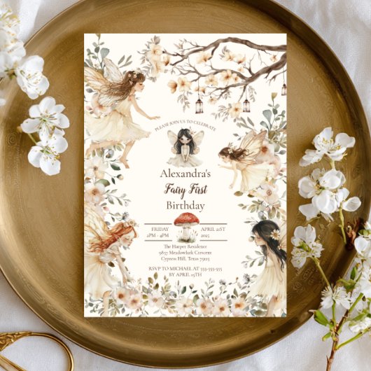 Fairy First Birthday Woodland Floral Invitation