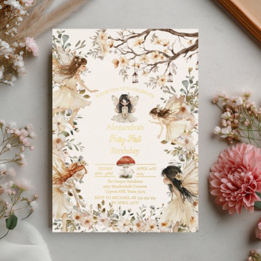 Fairy First Birthday Woodland Floral Invitation