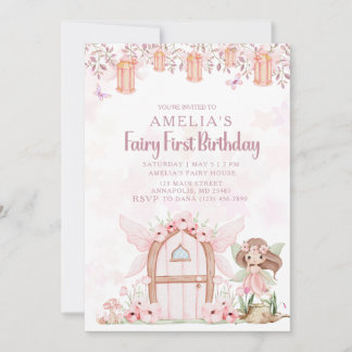 Fairy First Girl's 1st Birthday Party Custom Kaart