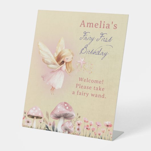 Fairy First Girl's 1st Birthday Party Reclamebord Met Voetstuk (Voorkant)