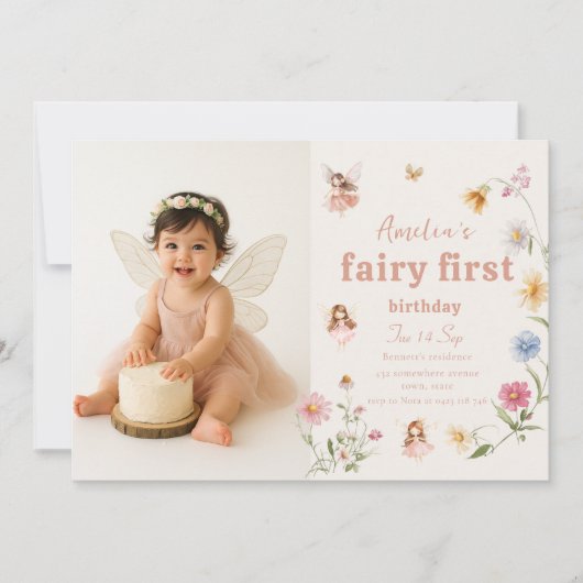 Fairy First Watercolor Widflower Birthday Photo Kaart (Voorkant)