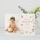 Fairy First Watercolor Widflower Birthday Photo Kaart (Staand voorkant)