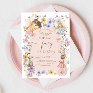 Fairy First Wildflower 1st Birthday Invitation Kaart
