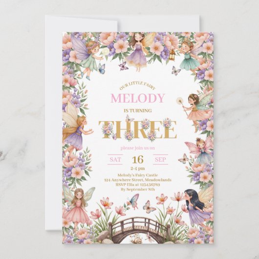 Fairy flower 3rd birthday Invitation (Devant)