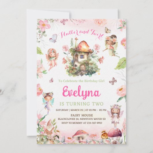 Fairy Flutter en Twirly Verjaardag Uitnodiging Fee (Voorkant)