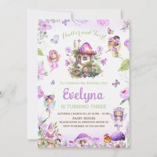 Fairy Flutter Twirly Paarse Verjaardagsuitnodiging Kaart (Voorkant)