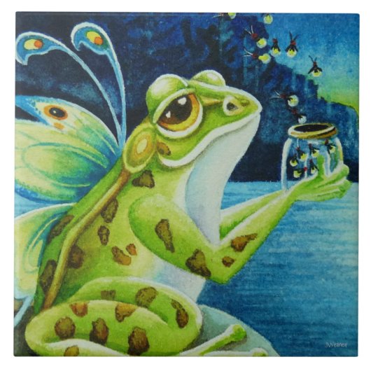 Fairy Frog & Fireflies Waterverf Art Tegeltje (Voorkant)