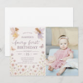 Fairy Garden First Birthday Invitation avec photo (Devant / Derrière)
