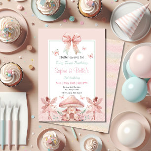 Fairy Girls Mushroom House Ribbon Twins Verjaardag Kaart
