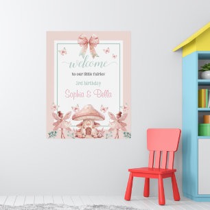 Fairy Girls Mushroom House Ribbon Twins Verjaardag Poster