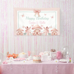 Fairy Girls Mushroom House Ribbon Twins Verjaardag Spandoek