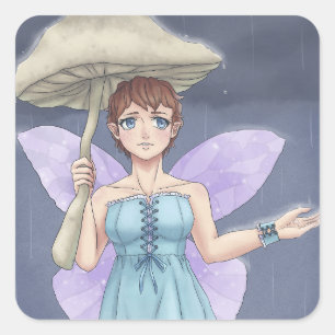 Fairy Holding paddenstoel Umbrella in de regen Vierkante Sticker