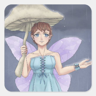 Fairy Holding paddenstoel Umbrella in de regen Vierkante Sticker