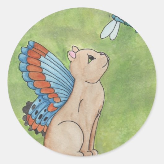 Fairy kat met libel ronde sticker (Voorkant)