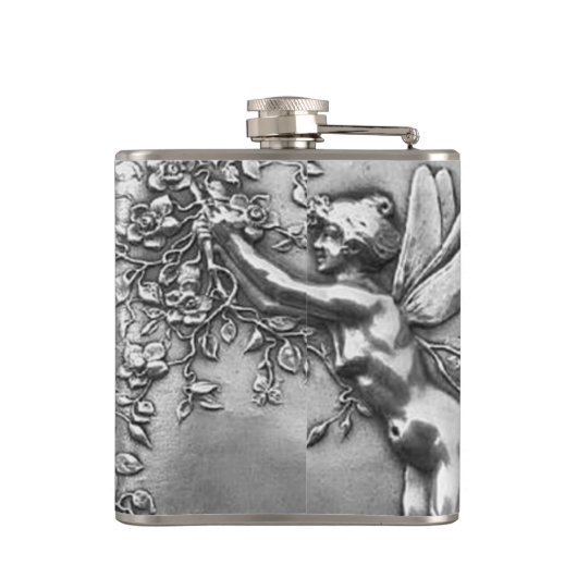 Fairy Lady Antiek Silver Repousse Whiskey Nip Heupfles (Achterkant)