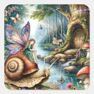 Fairy Land met schattige slak en vlinders Vierkante Sticker