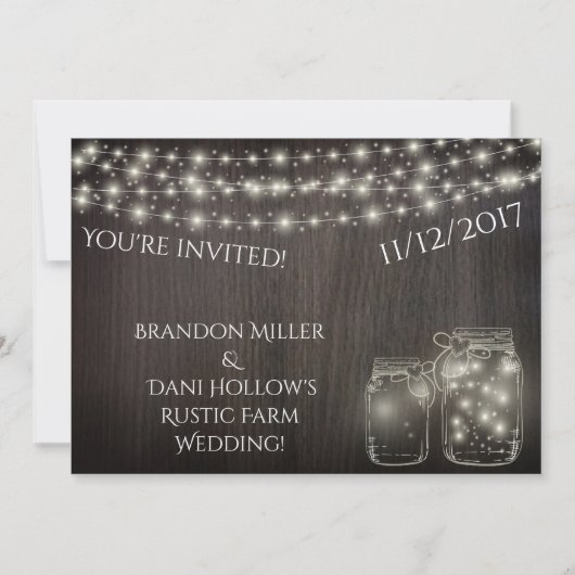 Fairy Lights and Mason Jars Over Wood Invitations (Devant)