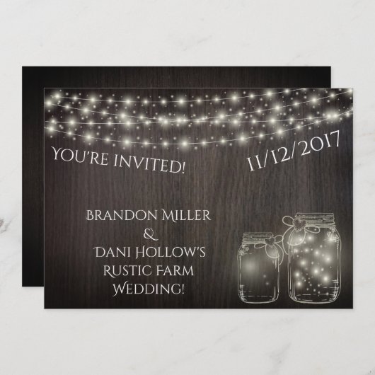 Fairy Lights and Mason Jars Over Wood Invitations (Devant / Derrière)
