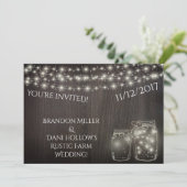 Fairy Lights en Mason Jars Over Hout Uitnodigingen (Staand voorkant)