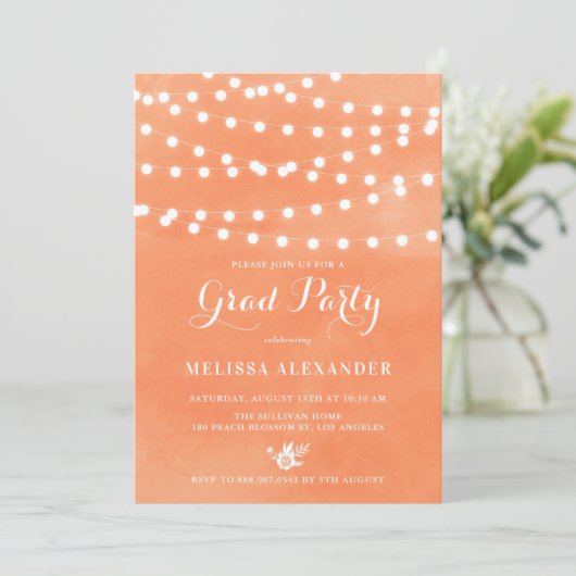Fairy Lights Orange Graduation Party Invitation (Debout devant)
