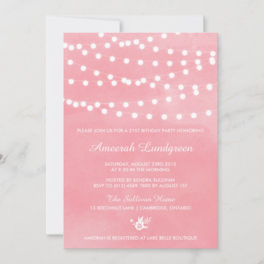 Fairy Lights rose Anniversaire Invitation de fête (Devant)