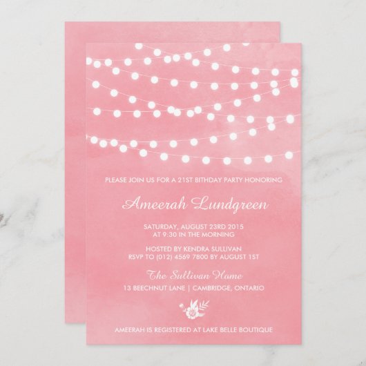 Fairy Lights rose Anniversaire Invitation de fête (Devant / Derrière)