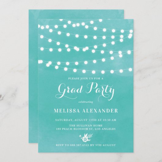Fairy Lights Turquoise Graduation Party Invitation (Devant / Derrière)