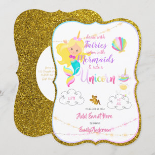 Fairy Mermaid Unicorn Invitation Gold Glitter Kaart