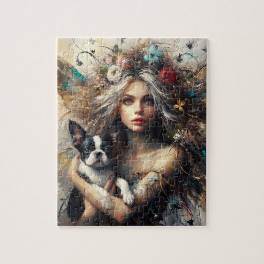 Fairy met een Schattigee Boston Terrier-puppy Legpuzzel (Verticaal)