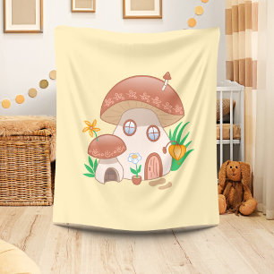 Fairy Mushroom House Yellow Fleece Deken