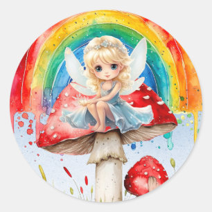 Fairy Mushroom Paint Regenboog Meisje Verjaardagsf Ronde Sticker