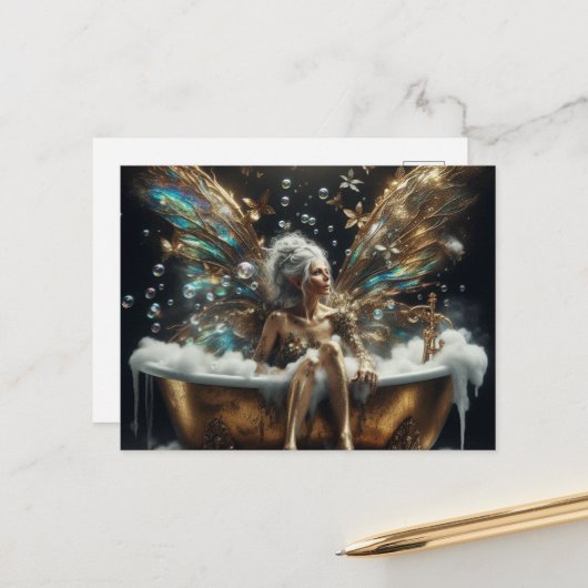 Fairy Oudere Vrouw in het Bubblebath Briefkaart (Voorkant / Achterkant in situ)