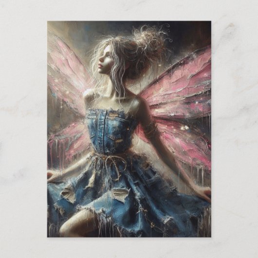 Fairy Patchwork Denim Jurk Roze Vleugels Briefkaart (Voorkant)