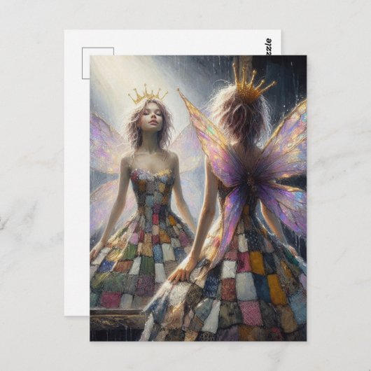 Fairy Patchwork jurk en een gouden kroon Briefkaart (Voorkant / Achterkant)