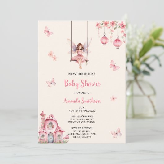 Fairy Pink Babyshower uitnodiging (Staand voorkant)