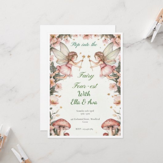 Fairy QUATRE est Invitation d'anniversaire - Twin  (Devant/Arrière en situation)