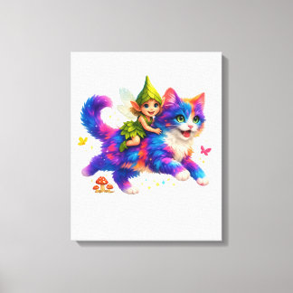 Fairy Riding Colorful Cat T-Shirt – Cute FaT-shirt Canvas Afdruk