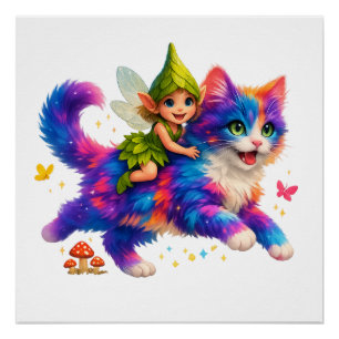 Fairy Riding Colorful Cat T-Shirt – Cute FaT-shirt Perfect Poster